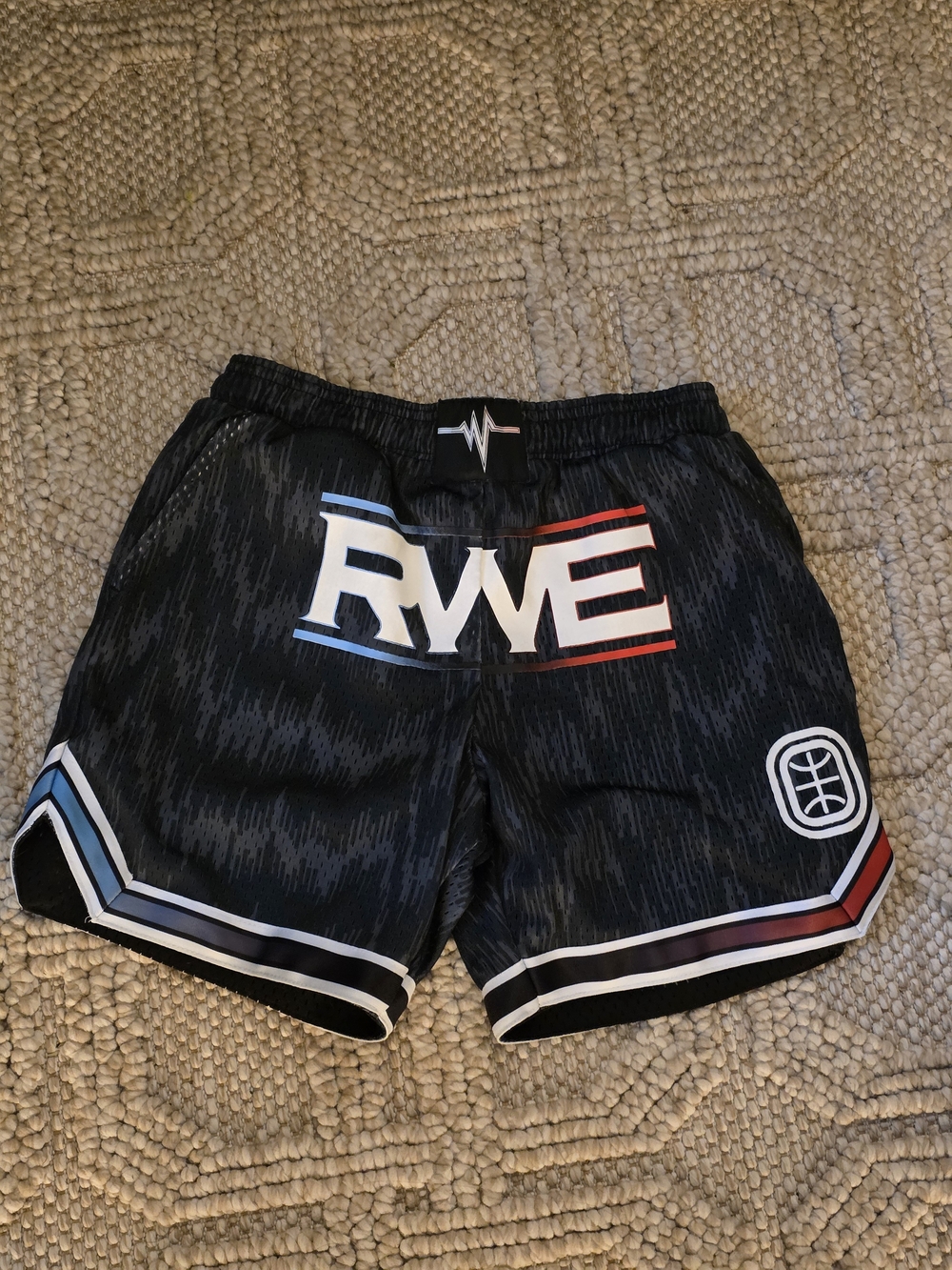 RWE Youth’s Black Athletic Shorts with Red & Blue Trim - Youth L